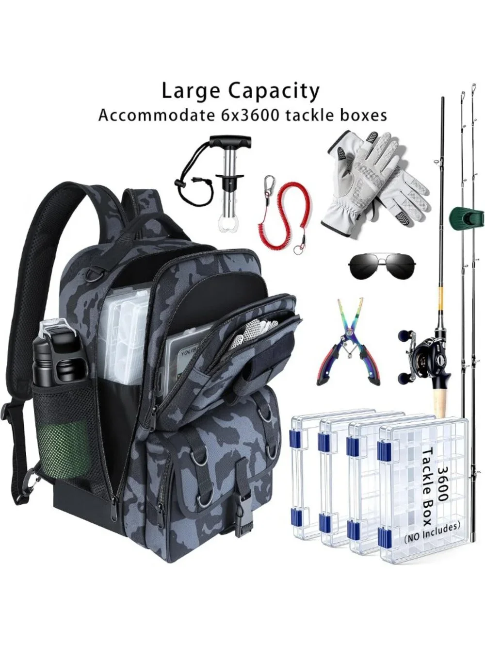 Waterproof Fishing Backpack with Tackle Boxes & Rod Holder - Camouflage Gear Kit